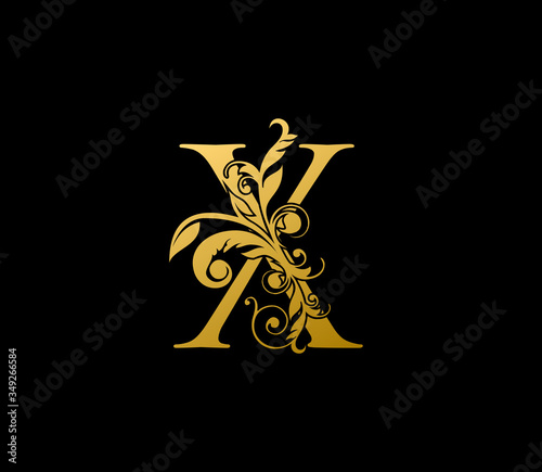 X Gold Letter Logo With Elegant Floral Design. Vintage drawn emblem for book design, brand name, letter stamp, Restaurant, Boutique, Hotel.