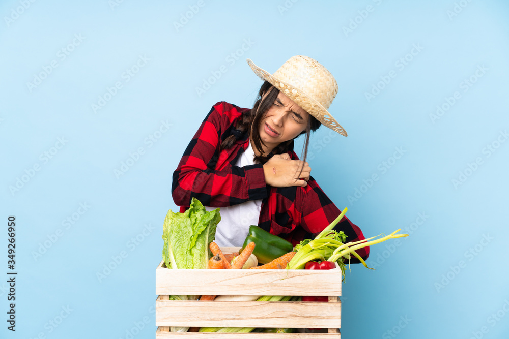 Young farmer Woman holding fresh vegetables in a wooden basket suffering from pain in shoulder for having made an effort