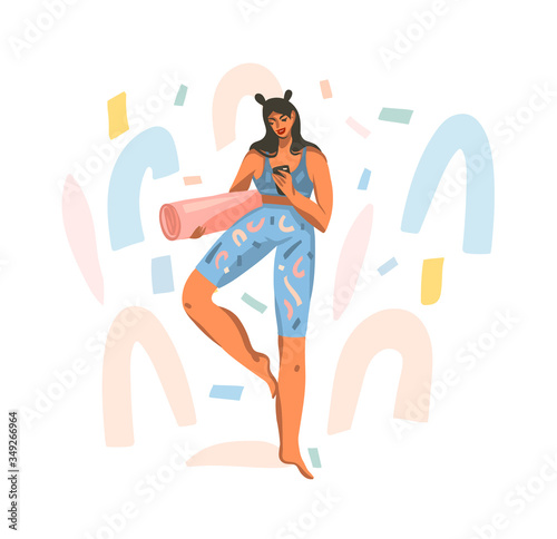 Hand drawn vector abstract stock graphic illustration with young happy female with a mat for yoga class watching a workout on the phone isolated on white background