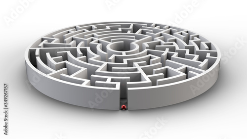red ball and circular maze of white color  . 3d render. 3d labyrinth maze challenge