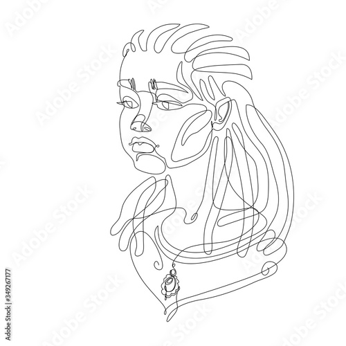 head of a young cute girl with dreadlocks hairstyle & a brooch, for logo, posters, cards, vector illustration with black contour lines isolated on a white background in one line drawing style
