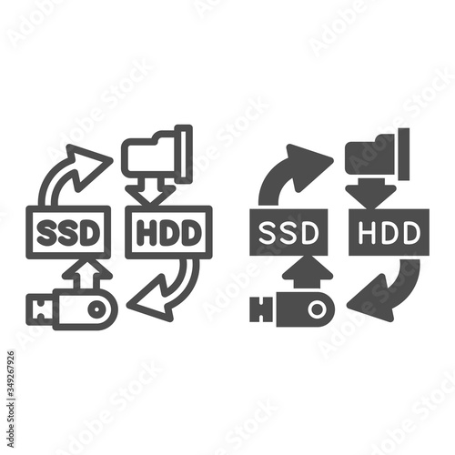 Information and ssd hdd data storages line and solid icon, smart home symbol, memory devices vector sign on white background, data exchange technology icon in outline style. Vector graphics.