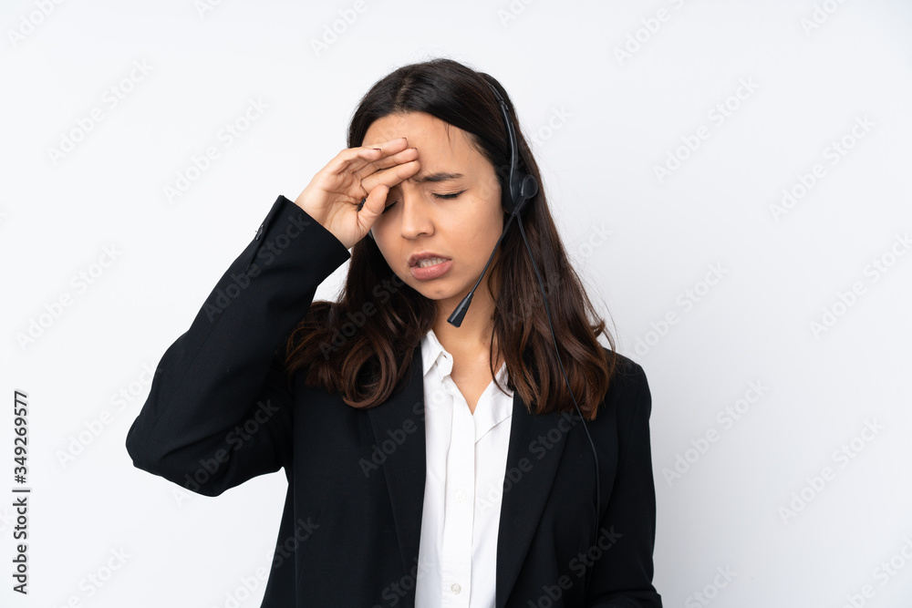 Young telemarketer woman isolated on white background with tired and sick expression Young telemarketer woman isolated on white background with tired and sick expression
