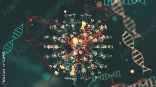 Virtual animated representation of coronavirus 2019-nCoV cells inside infected organism shown as red spherical microorganisms moving on a black background. Abstract 3d rendering close up 4K video.