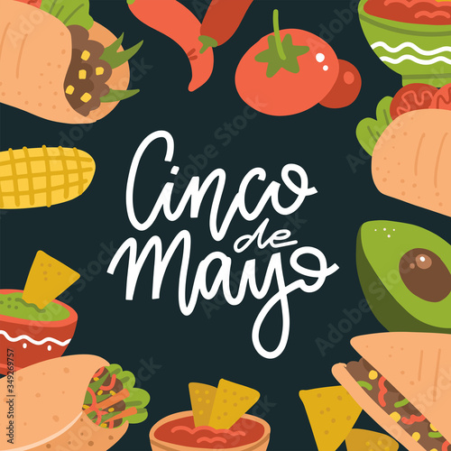 Cinco de Mayo lettering banner with mexican food - Guacamole, Quesadilla, Burrito, Tacos, Nachos, Chili con carne and ingredient. Vector flat illustration on dark background