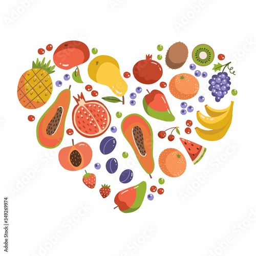 Fototapeta Naklejka Na Ścianę i Meble -  Fruits in heart shape. Set of fruit icons forming heart shape. Vegetarian food elements. Healthy cartoon flat vector illustration.