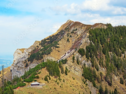 Alpine peak of Gnepfstein Mittaggüpfi (Gnepfstein Mittagguepfi) in the Swiss mountain range of Pilatus, Alpnach - Canton of Obwalden, Switzerland (Kanton Obwalden, Schweiz) photo