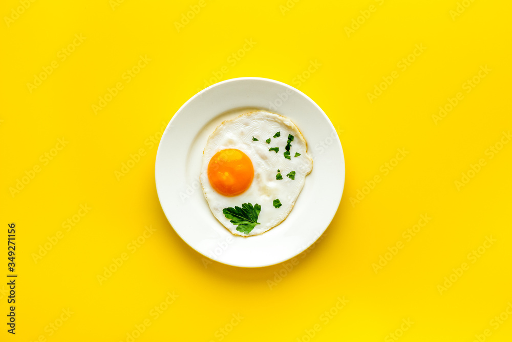 Fried eggs on plate - yellow kitchen table top-down Fried eggs on plate - yellow kitchen table top-down
