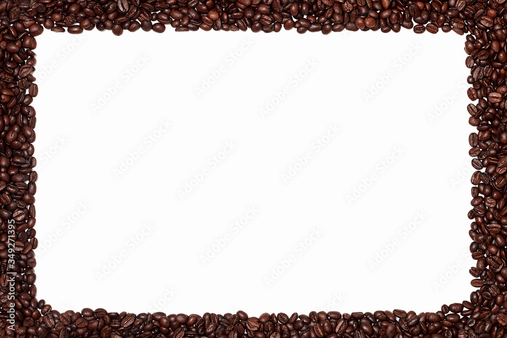coffee frame with an empty field for labels or logos.coffee background of roasted brown coffee beans. Coffee beans are placed on the edges of the frame on a white background in the form of a rectangle coffee frame with an empty field for labels or logos.coffee background of roasted brown coffee beans. Coffee beans are placed on the edges of the frame on a white background in the form of a rectangle
