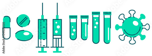 Medical syringe with blue substance flat illustration. Medical pills, vitamins and painkillers