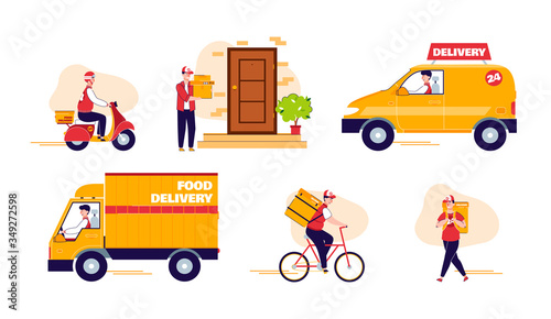 Delivery and shipping set with vehicles, flat vector illustration isolated.