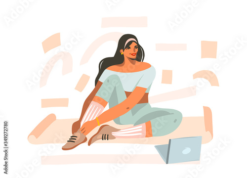 Hand drawn vector abstract stock graphic illustration with young happy female, doing fitness on mat and watching online training video on tablet isolated on white background