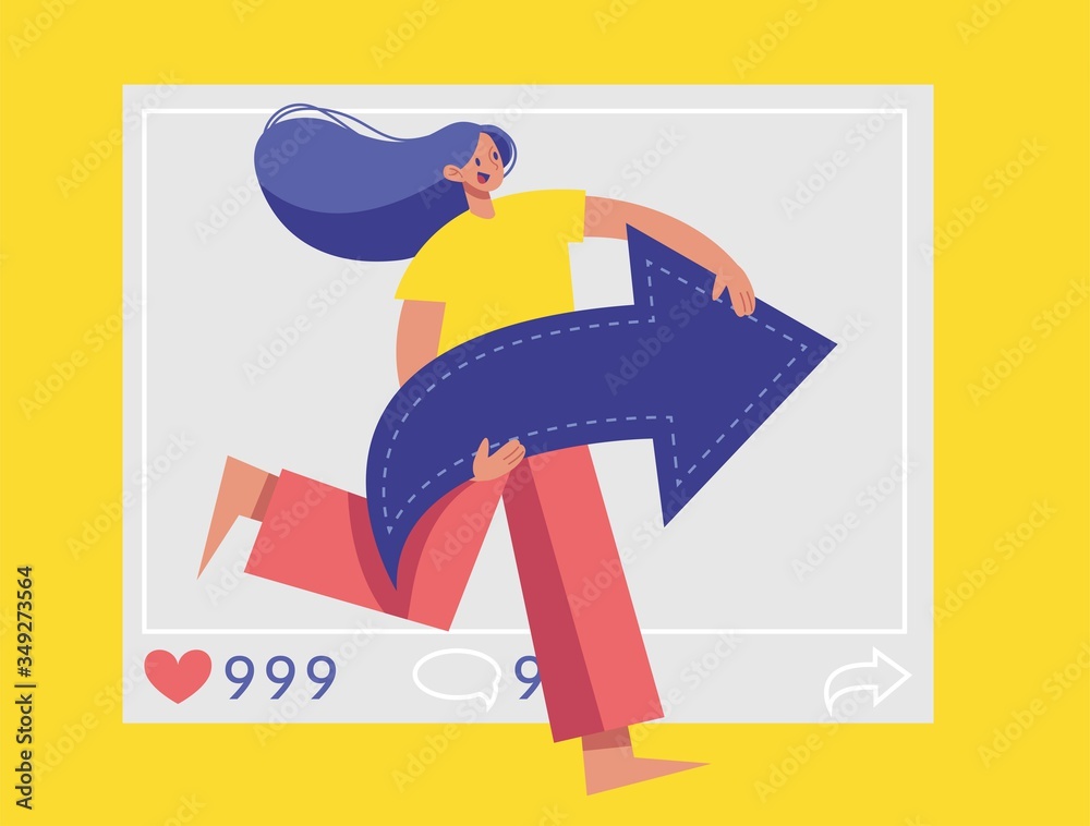 Reposts contest banner for a post on a social network about the announcement of a repost contest. The girl holds a large repost icon in her hands. Vector stock illustration. Eye-catching bright banner