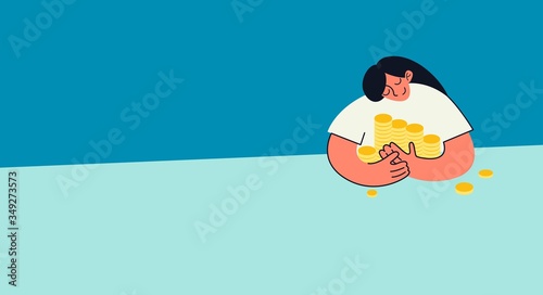 Savings, the concept of savings, saving money, financial benefits, safe storage of money, reliability. Woman hugs piles of coins, money. Dreamy calm man with money. Satisfied customer of the bank. 