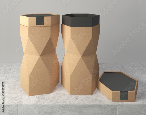 Cardboard packaging with triangular faces. 3D render.