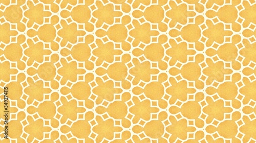 Computer generated image of a white geometric elements pattern stamping on a golden background
