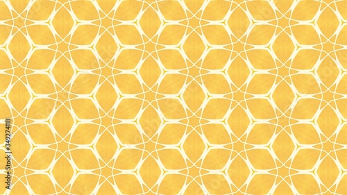 Computer generated image of a white art deco filigree with stars and curves stamping on a golden background.