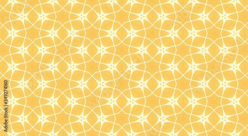 Computer generated image of a white art deco mesh with stars and curves printed on a golden background.