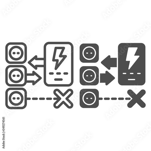 Smart sockets line and solid icon, smart home symbol, Digital control of electricity vector sign on white background, smartphone with energy indications and prohibition icon in outline style. Vector.