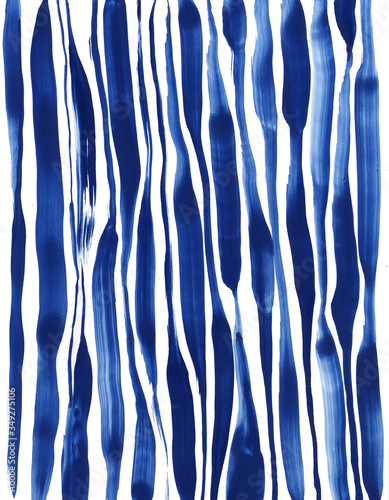 Background with vertical watercolor brush strokes on a white background. Blue lines. Abstract composition with brush strokes of blue paint. Minimalistic background.