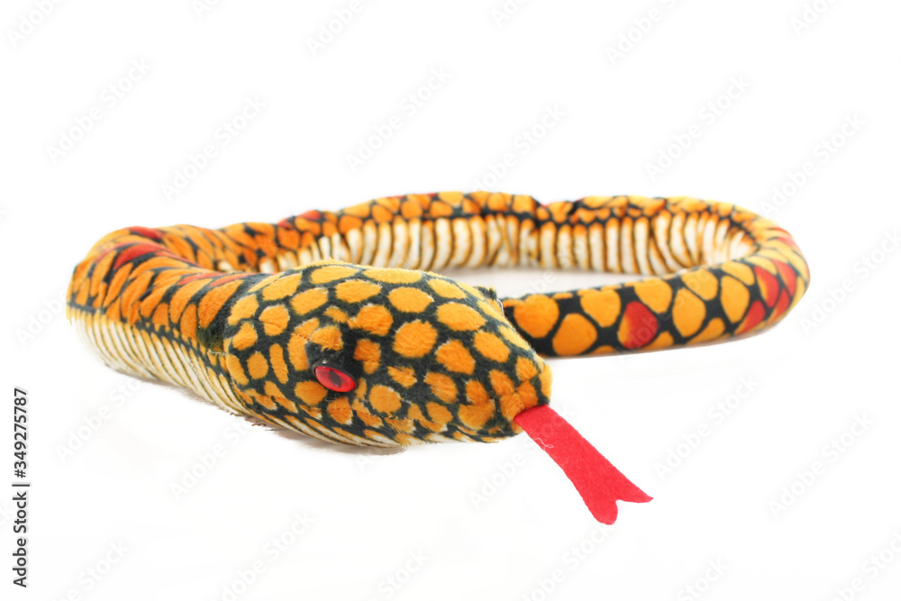 plush toy snake long realistic toy tongue orange yellow white background