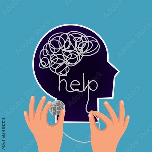 Head profile with tangled confused thoughts. Hands are untangling the knot. Vector.