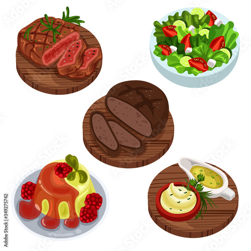 set of yummy food salad sauce bread jelly
