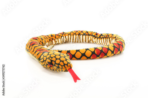 plush toy snake long realistic toy tongue orange yellow white background