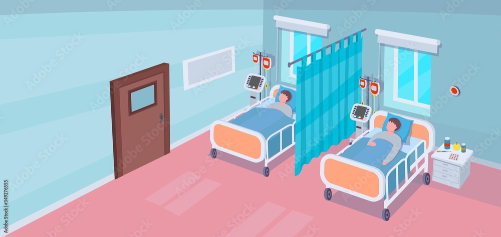 Interior of hospital room with hospital beds and patients. Vector Illustration
 