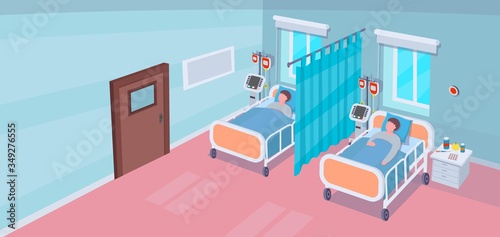 Interior of hospital room with hospital beds and patients. Vector Illustration  