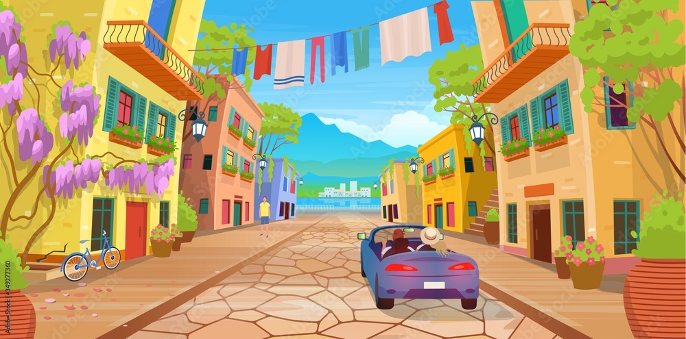Road panorama  over a street with lanterns, washed clothes, bike, car and lots of potted flowers.Vector illustration of  summer street in cartoon style.