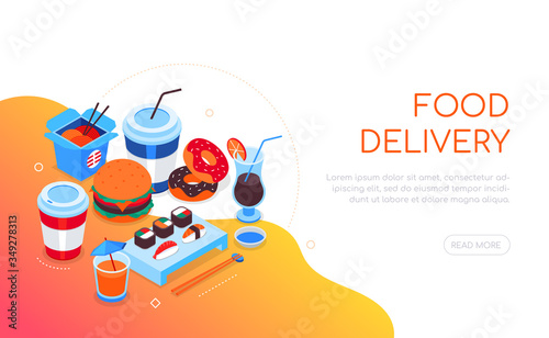 Food delivery - modern colorful isometric web banner