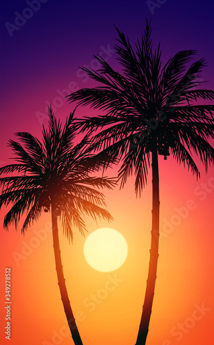 Fototapeta Naklejka Na Ścianę i Meble -  Natural Coconut trees. Mountains horizon hills. Silhouettes of palm trees and hills. Sunrise and sunset. Landscape wallpaper. Illustration vector style. Colorful view background.