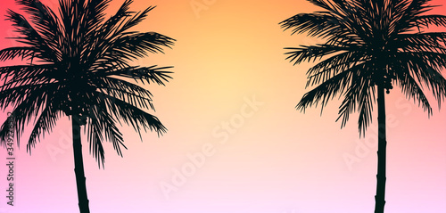 Natural Coconut trees. Mountains horizon hills. Silhouettes of palm trees and hills. Sunrise and sunset. Landscape wallpaper. Illustration vector style. Colorful view background.