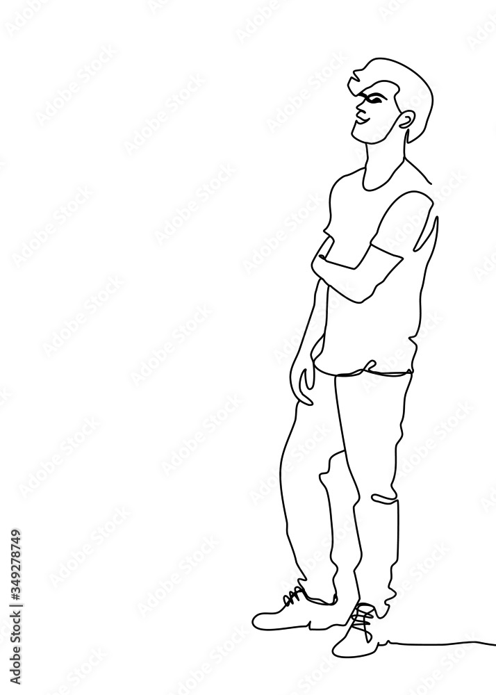 One continuous line drawing, , A man standing and looking at something One continuous line drawing, , A man standing and looking at something