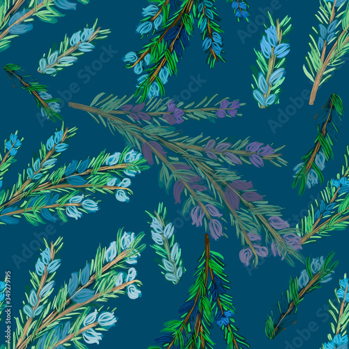 seamless pattern with branches of rosemary or fir on blue background. Drawing. Multicolored. Kitchen, linen, Christmas, cooking, print, packaging, wallpaper, textile, fabric design