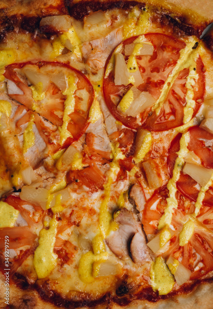 pizza with chicken, toomato and sauces pizza with chicken, toomato and sauces