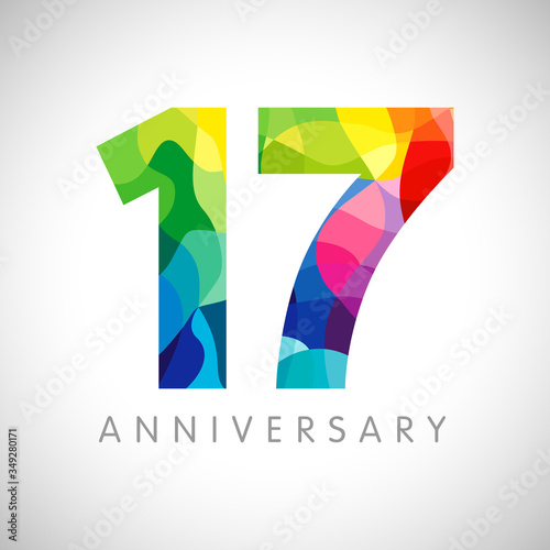 17 th anniversary numbers. 17 years old logotype. Bright congrats. Isolated abstract graphic design template. Creative 1, 7 3D digits. Up to 17%, -17% percent off discount. Congratulation concept.