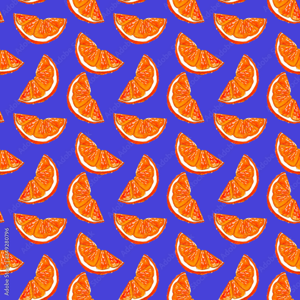 Fototapeta premium Seamless pattern of ripe orange slices on a blue background, painted in watercolor.