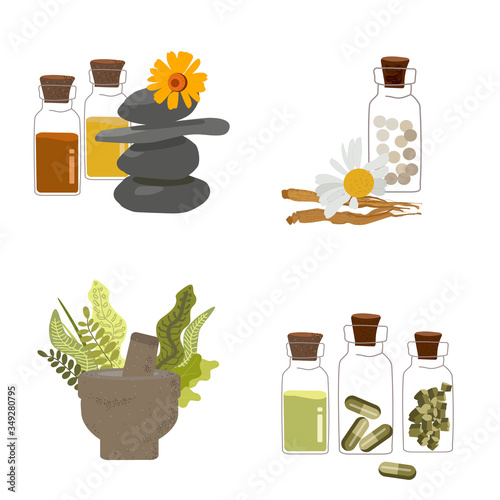 Naturopathy, aromateraphy, herbal alternative medicine design concept or logo icons set, naturopathic therapy isolated on white vector illustration.