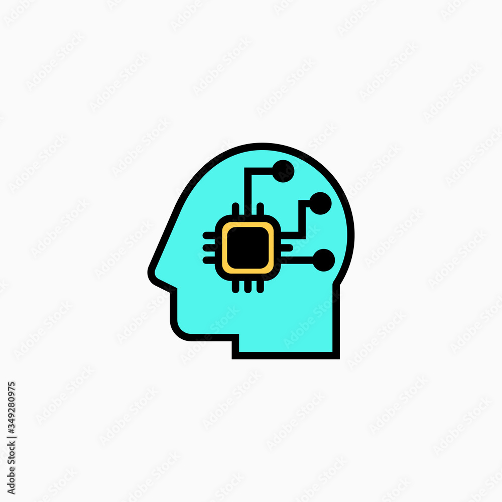 Artificial intelligence head & brain icon. Vector AI technology concept symbol or design element in flat style. Artificial intelligence head & brain icon. Vector AI technology concept symbol or design element in flat style.