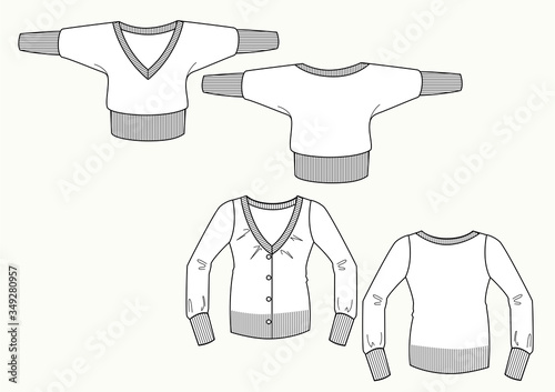 Maglia donna manica a pippistrello e cardigan scollo a V disegno piatto sketch fashion illustration fronte e retro mock up vettoriale