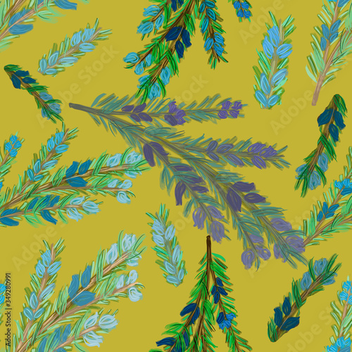 Branch of watercolor rosemary with blue flowers and needles on mustard yellow background. Botany seamless pattern. Cooking, kitchen, tableware, utensil print, packaging, wallpaper, textile design