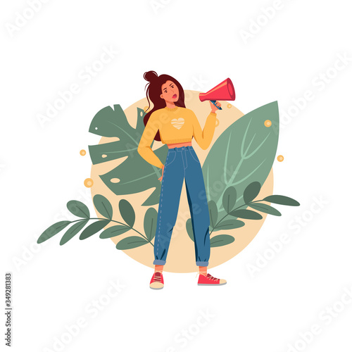 a woman shouts into a megaphone,against a background of plants.The concept for the advertisement or notification of the news.Stock vector isolated illustration of a girl with a speaker in a flat style