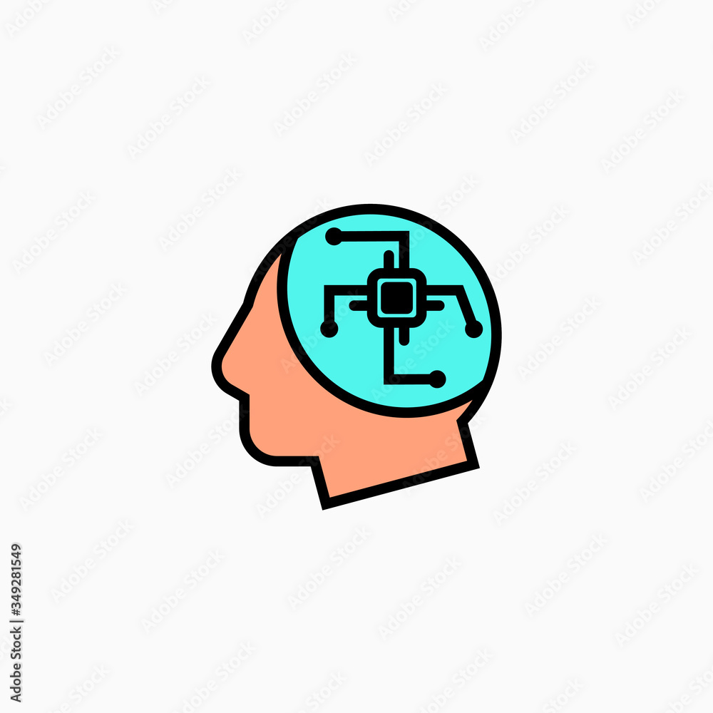 Artificial intelligence head & brain icon. Vector AI technology concept symbol or design element in flat style. Artificial intelligence head & brain icon. Vector AI technology concept symbol or design element in flat style.