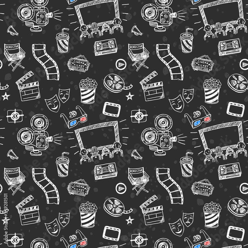 Hand drawn cinema seamless pattern. Doodle chalk drawing background