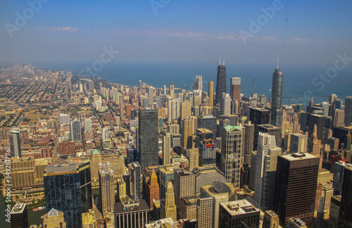 Aerial view of Chicago city with skyscapers and Lake Michigan as seen from Willis tower