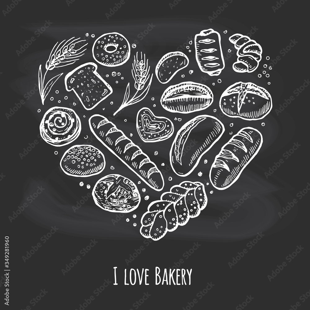 I love bakery. Doodle chalk drawing background