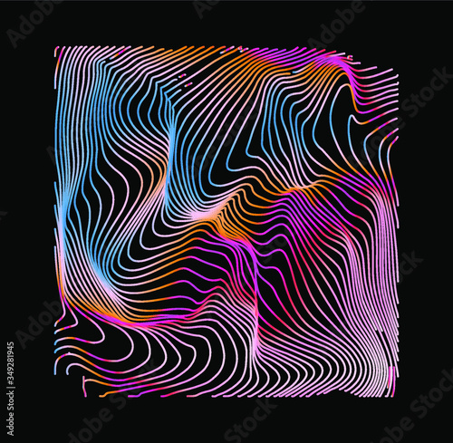 Holographic surface with glitched wavy texture. Retrofuturistic illustration in 80s-90s synthwave and retrowave chrome coloring.