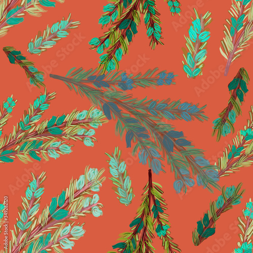 watercolor rosemary branches, flowers on red background. seamless pattern with herbs. hand drawing. Herb, spice print. Packaging, wallpaper, textile, fabric design